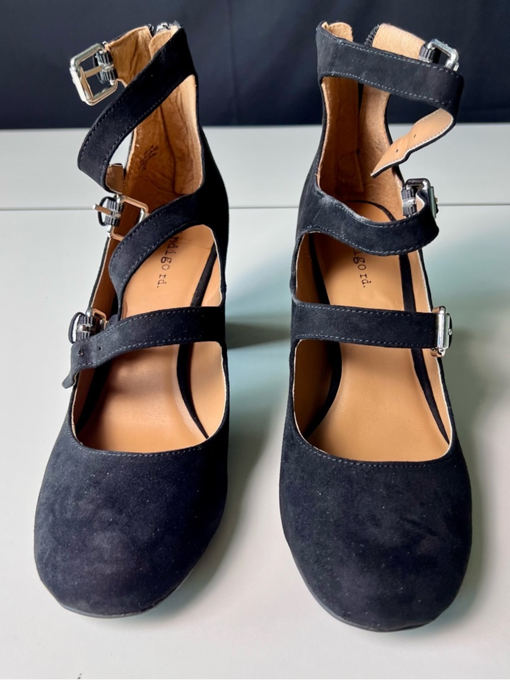 Indigo Black Suede Multi-Strap Heels with Buckles